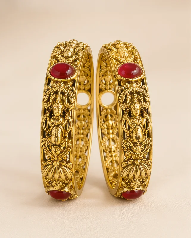 Ornate Gold Bangles With Red Cabochons