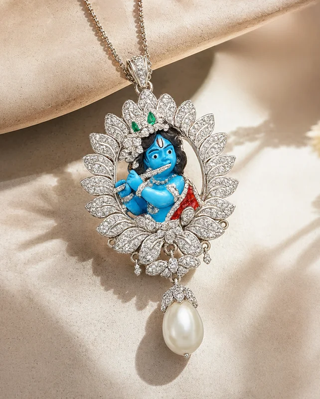 Diamond-Studded Krishna Pendant with Pearl Drop